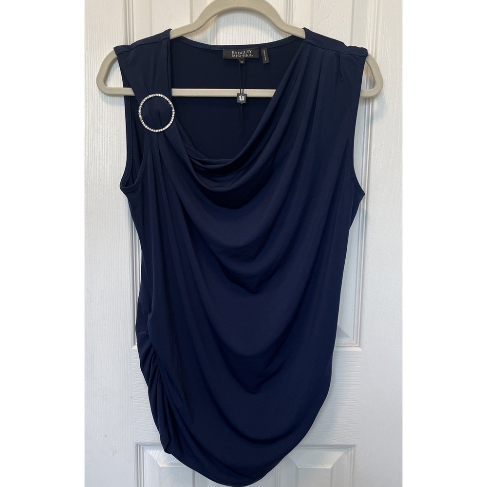 Badgley Mischka Y2K Style Draped Ruched Side Rhinestone Circle Ring Blouse SizeM
